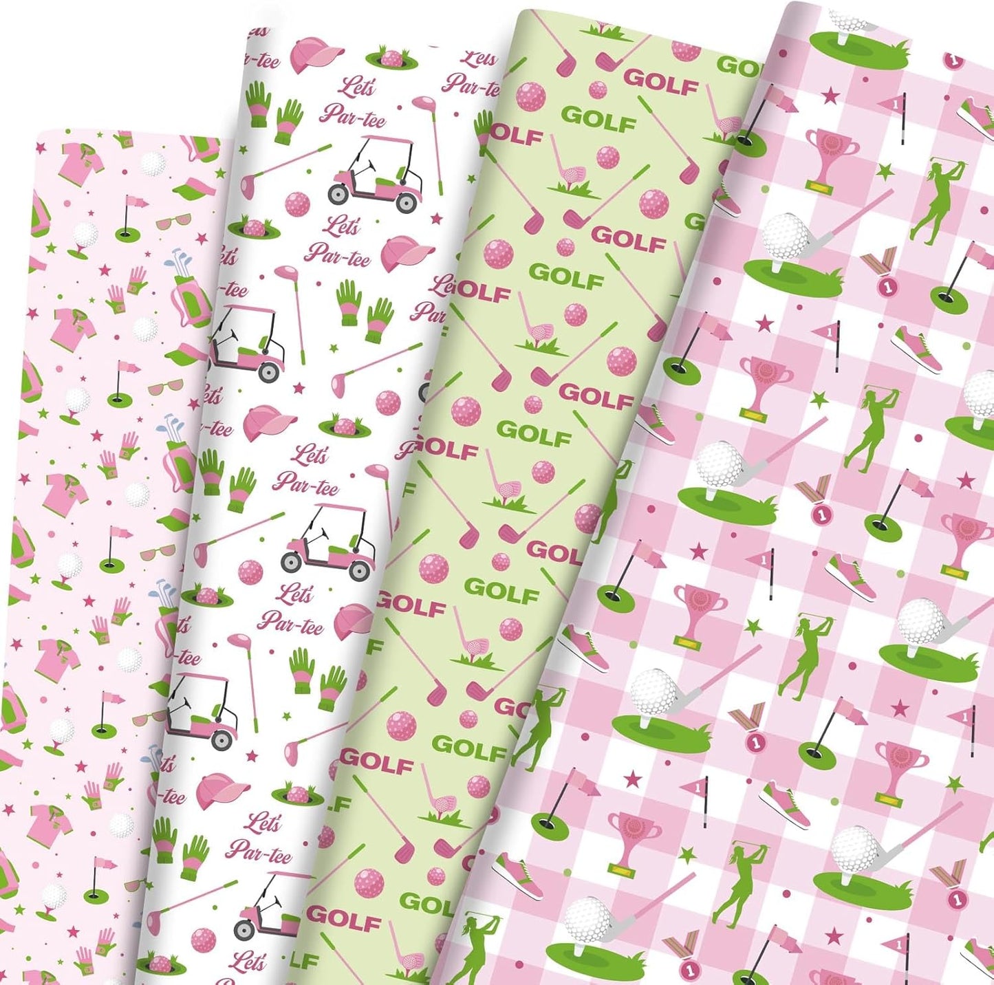 Pineraap 12 Sheets Golf Wrapping Paper, Pink Green Golf Ball Let’s Par-tee Gift Wrap Sports Gift Packing Paper for Girls Birthday Party Holiday Baby Shower DIY Crafts, 19.7 x 27.6 Inch