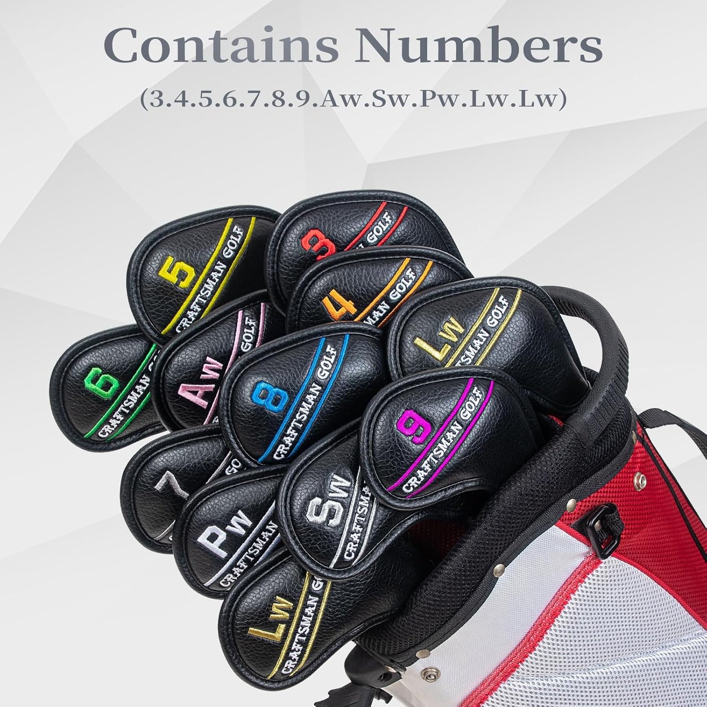 CRAFTSMAN GOLF 12pcs or 1pc Black Leather Golf Iron Head Covers Set Headcover Colorful Number Embroideried for Callaway Ping Taylormade Cobra Also Custom Version w/Your Name