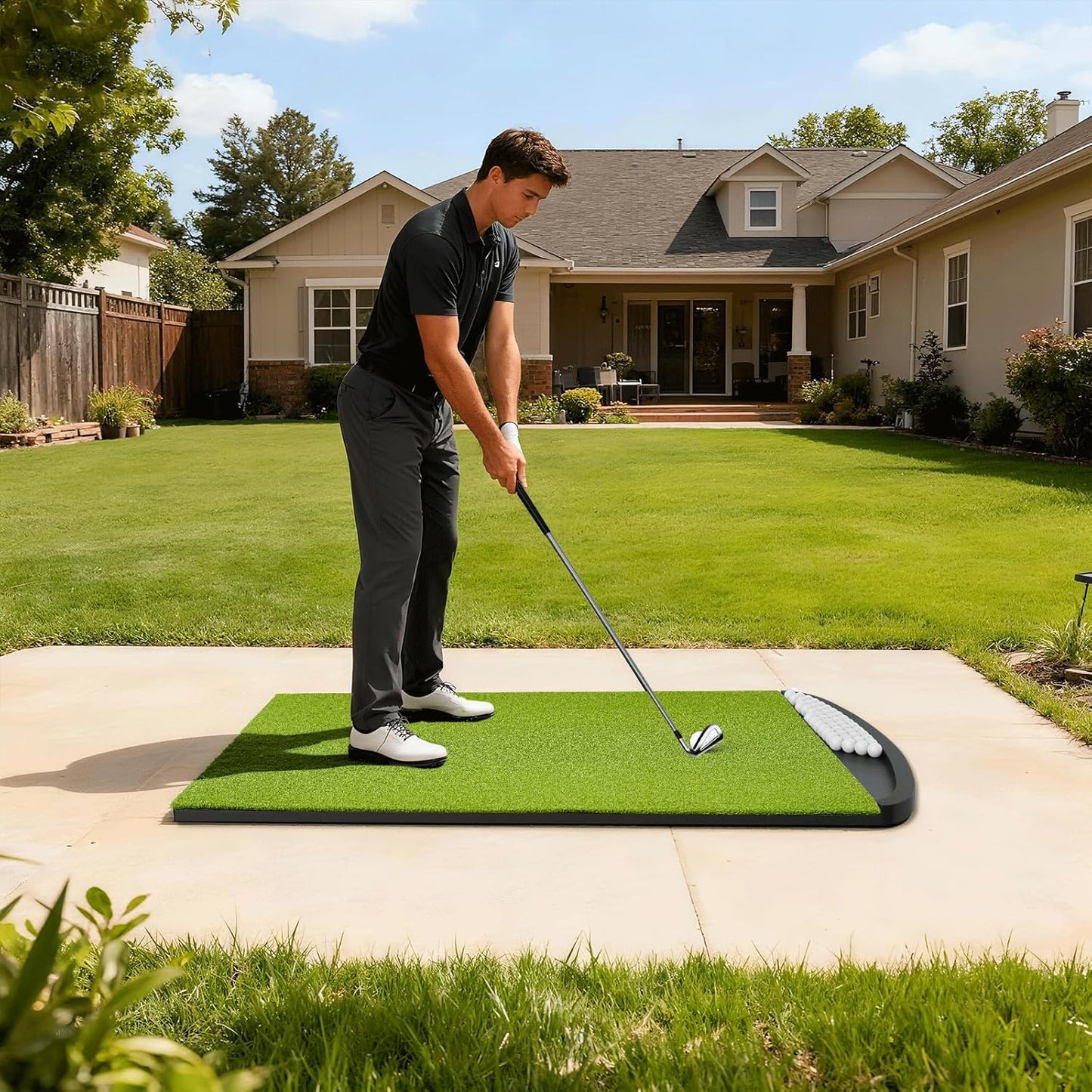 Integrated Golf Hitting Mat with Curved Ball Tray 5x4ft 6x4ft 26mm 31mm Thickening Golf Practice Mats Indoor & Outdoor, Durable Golf Turf Matt with 3 Tees for Hitting Chipping Striking, Swinging