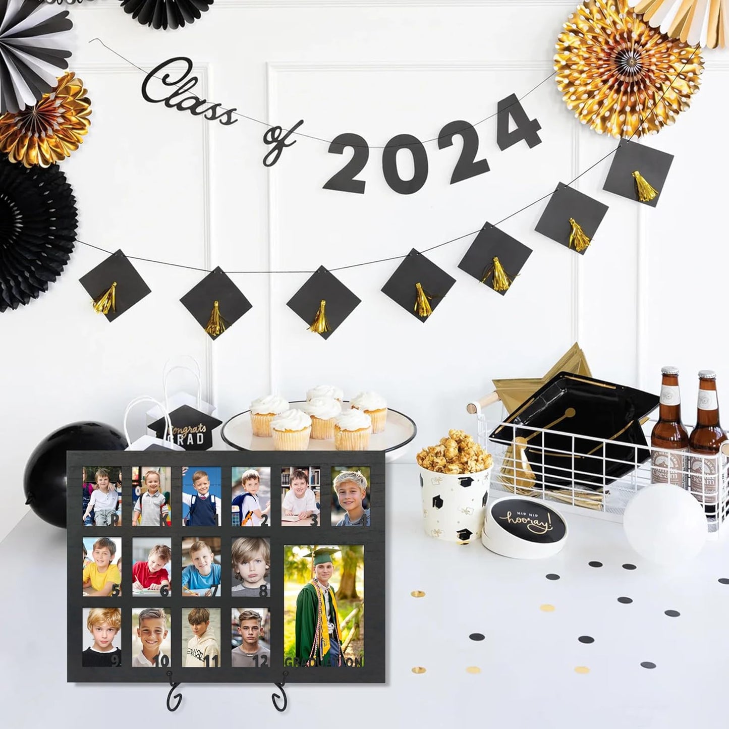 School Years Picture Frame Pre K to 12 Black Graduation Gift Collage Frame with Stand Easel, Displays One 4x6 and Twelve 2x3 Wallet Photos