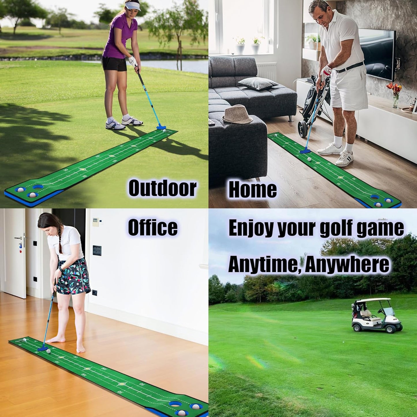 Putting Game, Indoor Green Putting Game Set, Detachable Golf Putting Mat - Includes 1 Putter, 6 Golf Balls, 3 Golf Cups, 1 Bag for Home Office Backyard with Family/Friends