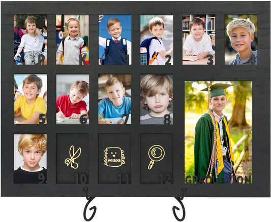 School Years Picture Frame Pre K to 12 Black Graduation Gift Collage Frame with Stand Easel, Displays One 4x6 and Twelve 2x3 Wallet Photos