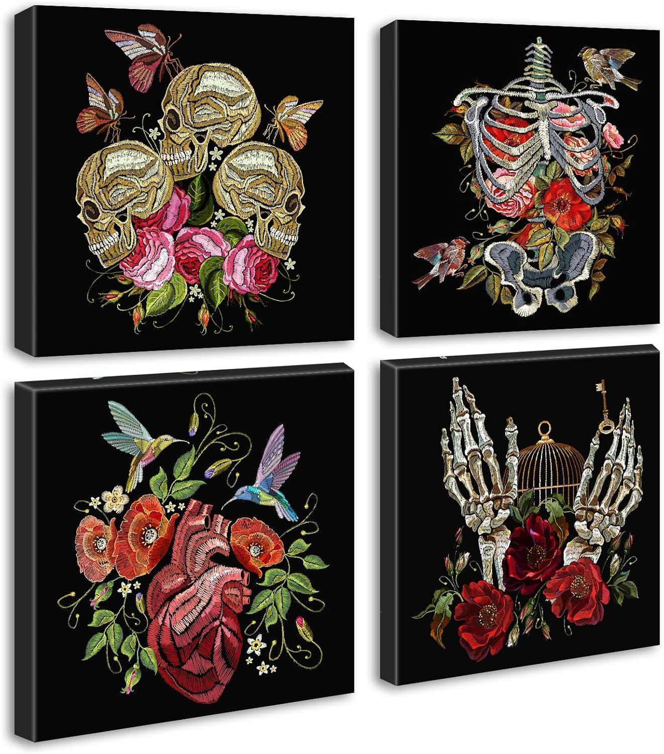 DJSYLIFE Gothic Wall Art - 4-Panel Skeleton and Roses Canvas Print, Dark Moody Decor for Bedroom, Bathroom, Halloween, Ready to Hang 12"x12"x4