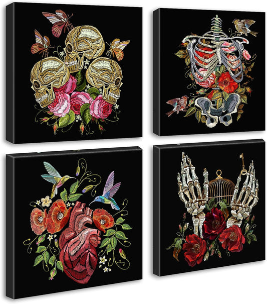 DJSYLIFE Gothic Wall Art - 4-Panel Skeleton and Roses Canvas Print, Dark Moody Decor for Bedroom, Bathroom, Halloween, Ready to Hang 12"x12"x4