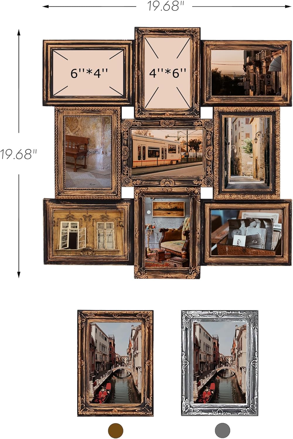 Jerry & Maggie - Photo Frame Picture Frame 20"X20" Bronze Curved Square Shape Photo Picture Frame Selfie Gallery Collage Wall Hanging For 6"x4" Photo - 9 Photo Sockets - Wall Mounting Design