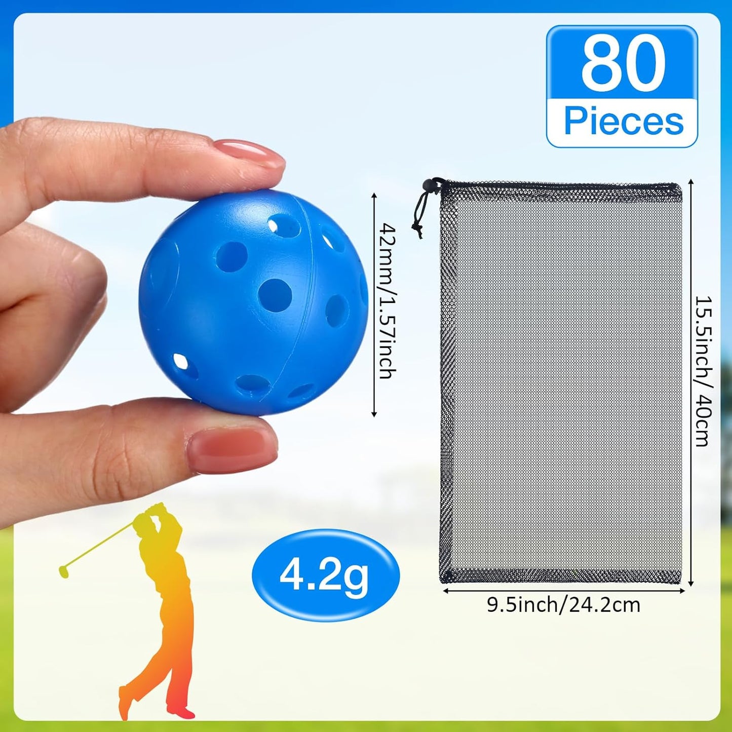 80 Pack Practice Golf Balls Limited Flight 42 mm Golf Training Airflow Hollow Plastic Ball for Women Men Indoor Outdoor Driving Range Swing Practice Home