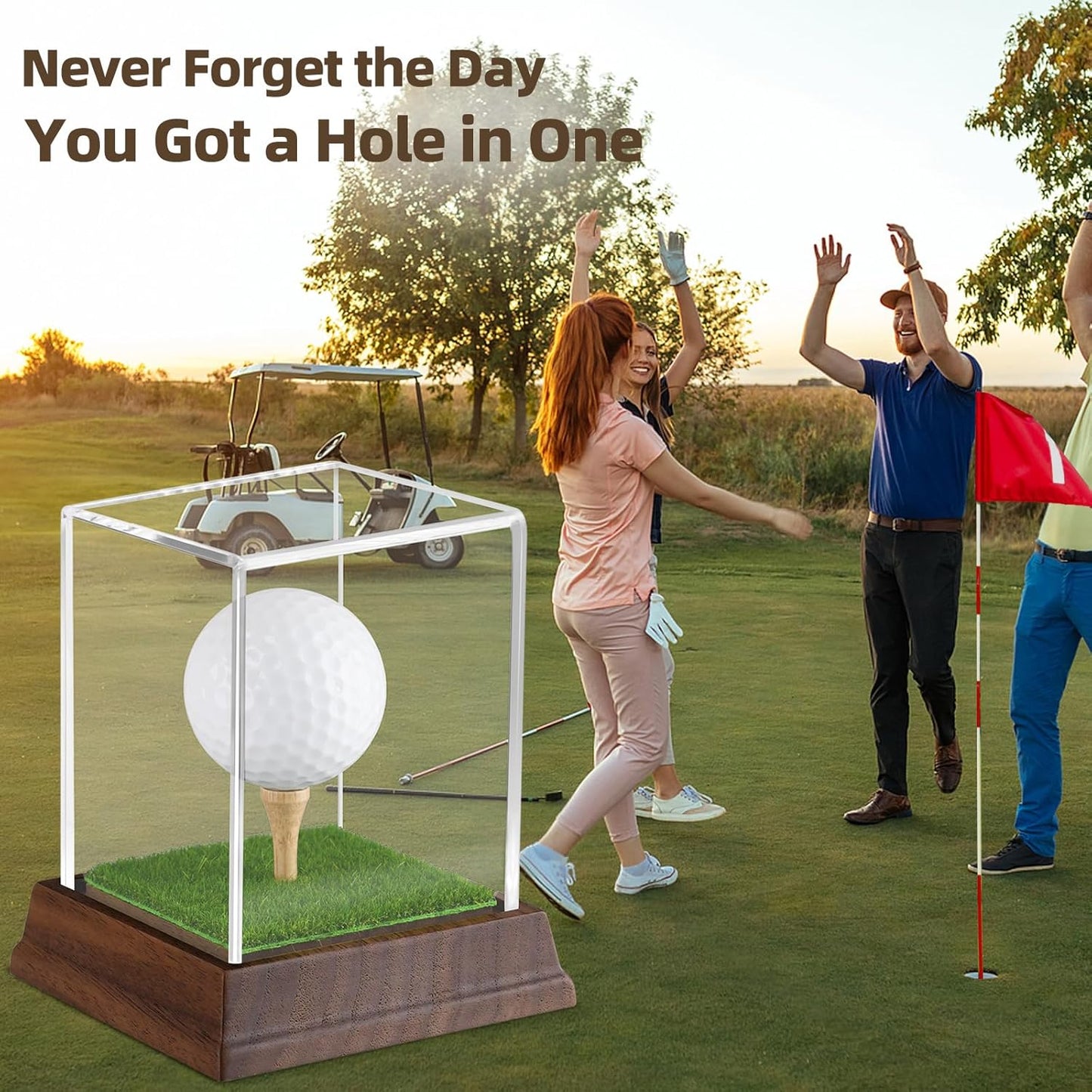 Golf Ball Display Case Hole in One Golf Ball Display Case Holder Wanult Wood Base Acrylic Golf Ball Holder Stand Lifelike Turf Wood Tee Memorabilia Showcase Square Cube Box Stand Golf Gifts Decor