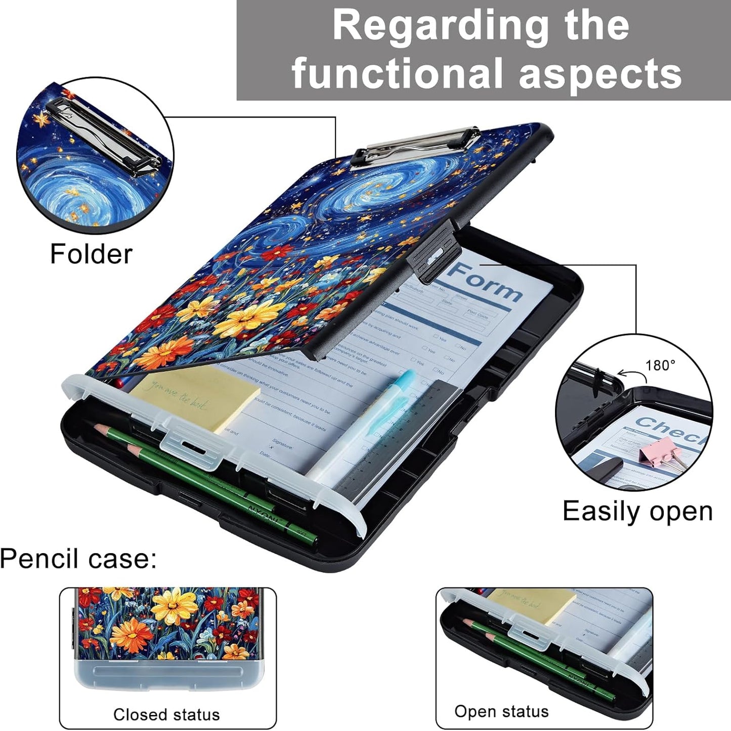 Clipboard with Storage - Large Capacity,Nursing Clipboard with Pen Holder,Heavy Duty,Plastic Side-Opening Folder for Teacher,Nurse - Flowers Under Starry Night