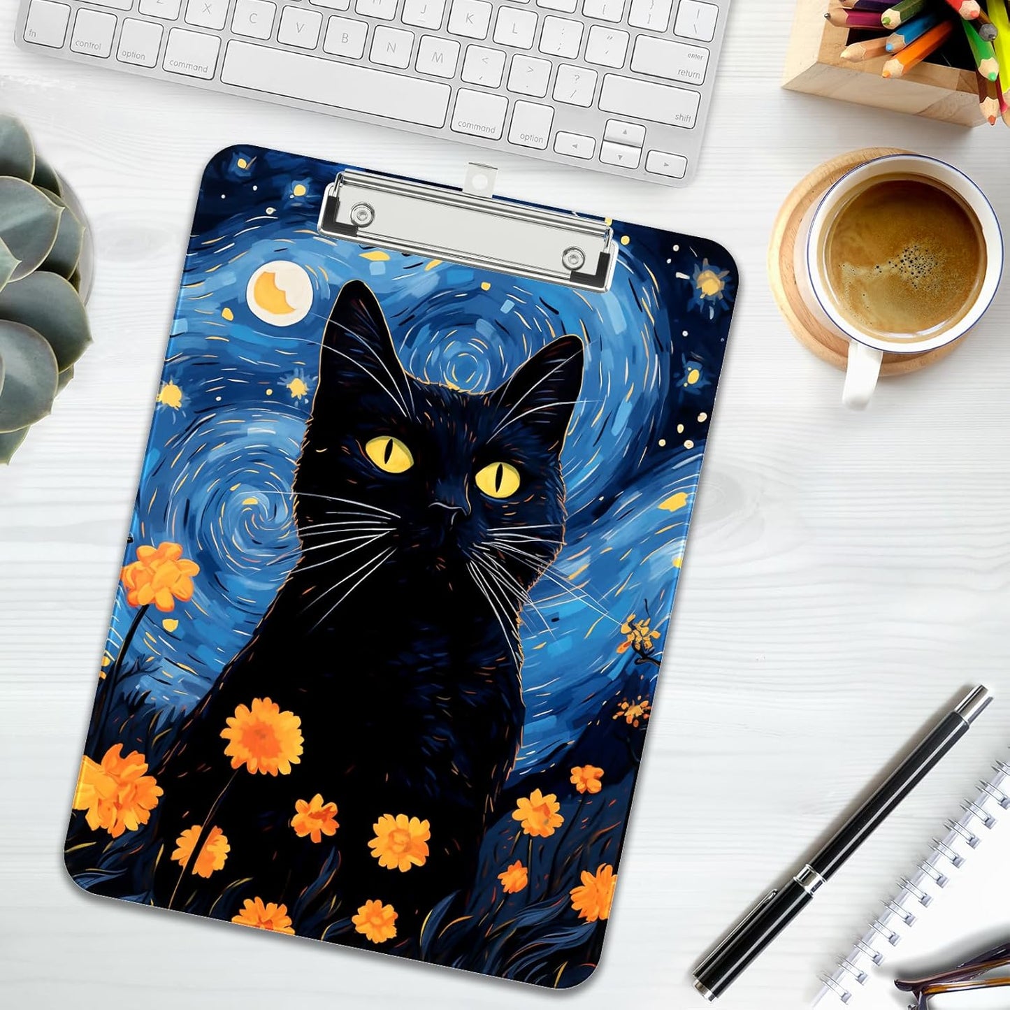 Rimilak Plastic Clipboards with Metal Clip, A4 Letter Size 9 x 12.5 in, Office Decorative for Students Women Men and Kids, Cute Custom Pattern, Starry Sky Cat