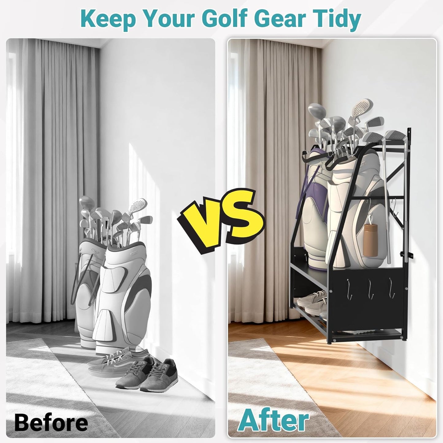 2-in-1 Wall Mount Golf Bag Organizer - Holds 2 Golf Bags w/ 4 Club Racks, 10 Hooks & Storage Shelf - Free-Standing Golf Bag Stand w/Adjustable Feet for Garage, Store, Club, Shed