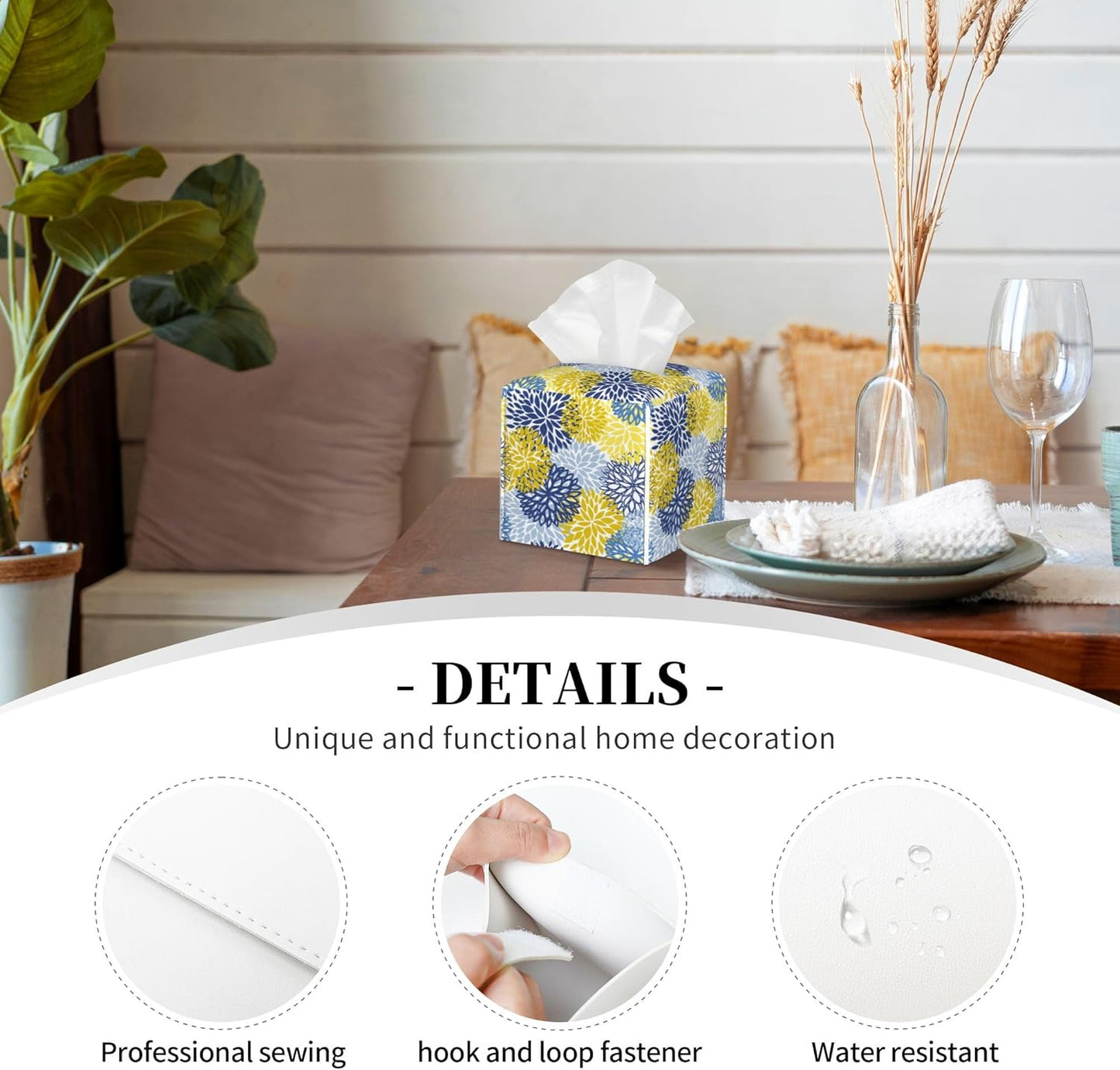 Yellow and Navy Chrysanthemum Flower Tissue Box Cover Leather Tissue Box Holder Square Facial Paper Organizer Dispenser for Bathroom Kitchen Bedroom Vanity Countertop Night Stands