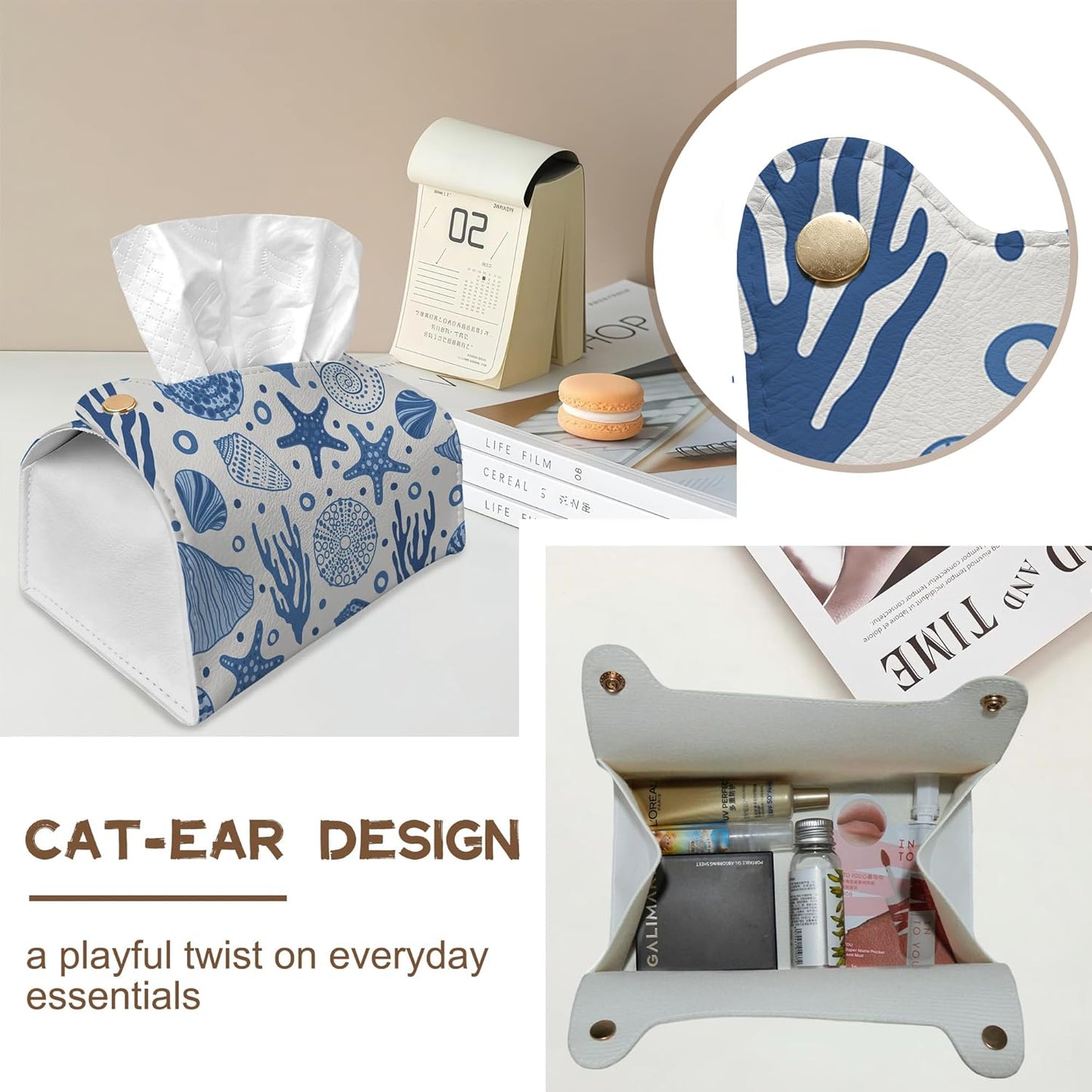 Starfish Seashell Coral Tissue Box Cover Holder – Undersea World Rectangular Tissue Organizer, Decorative Napkin Box Case for Home, Office & Car