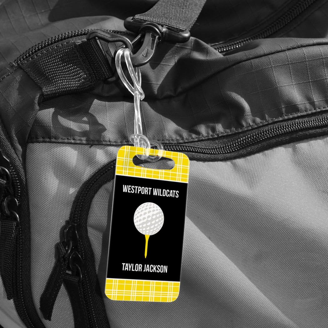 ChalkTalkSPORTS Golf Luggage & Bag Tag | Personalized Team with Golf Ball | Standard Lines on Back | Small | Yellow/Black