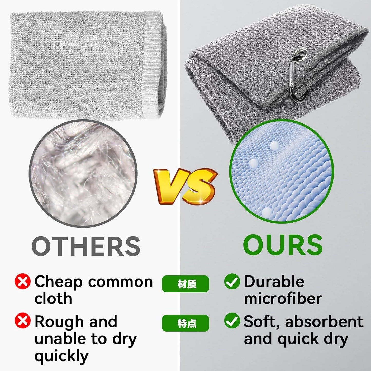 Aulock Golf Towel and Brush Set -16" X 24" Microfiber Towels with Carabiner Clip, Men Cleaning Kit with Golf Club Brush (2 Grey Towel + 1 Brush + Golf Divot Tool)