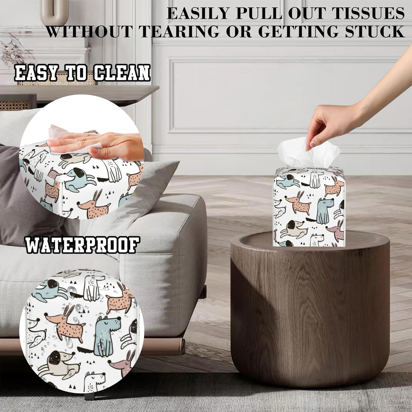 Cute Doodle Dogs Tissue Box Cover Square, Tissue Box Holder Leather Facial Paper Case Decorative Organizer Holder Dispenser Home Office Car Decor