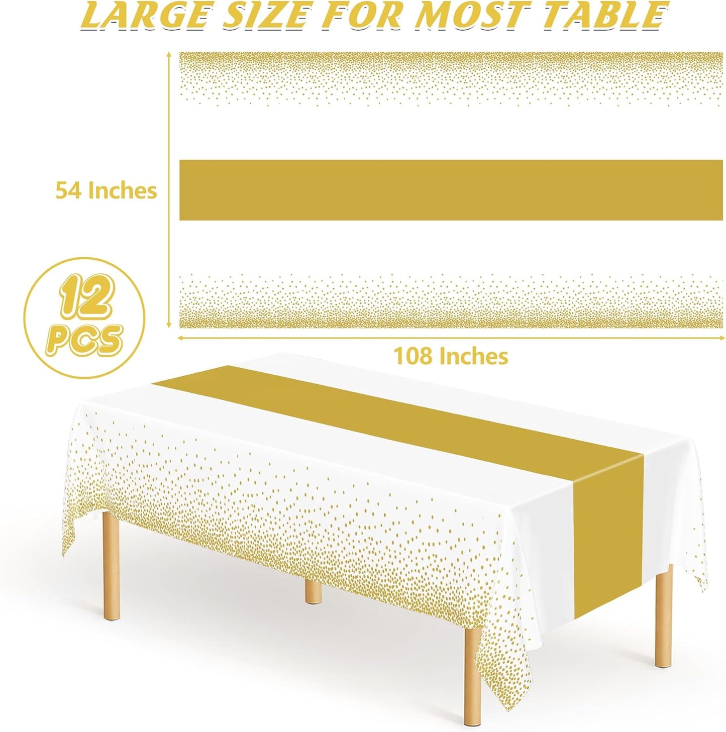QZYL 12Pack Table Cloth Rectangle Tables, 54" x 108" Disposable Party White Table Cloths with Gold Dot, Waterproof Table Covers for Birthday Outdoor Wedding New Year Eve Birthday Decorations Supplies