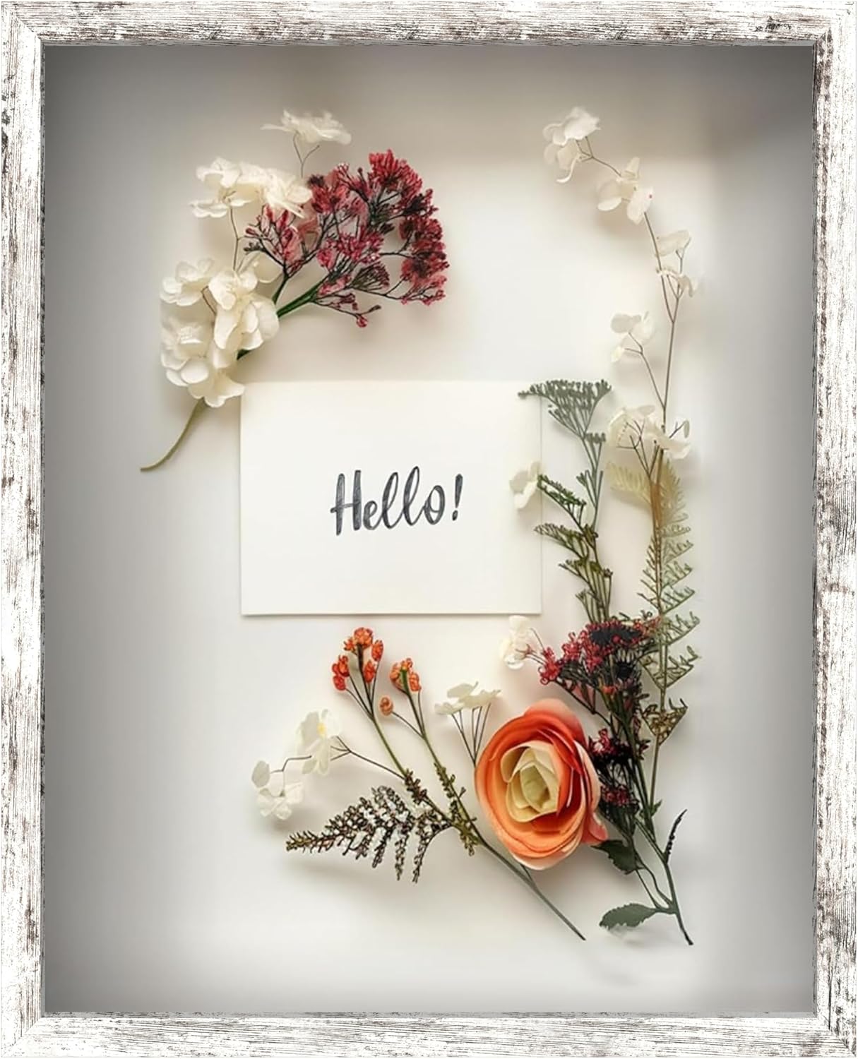 FrameWorks 16" x 20" White Driftwood Wooden Shadow Box Frame – Soft Felt Back, Tempered Glass, and Included Elegant White Ball Push Pins