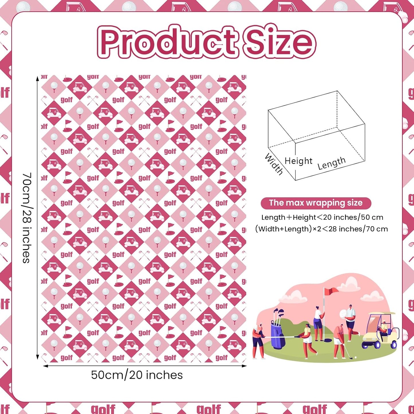 Golf Wrapping Paper 12 Sheets Pink Golf Themed Design Gift Wrap for Girls,Golfers,Golf Lovers,20"×28"