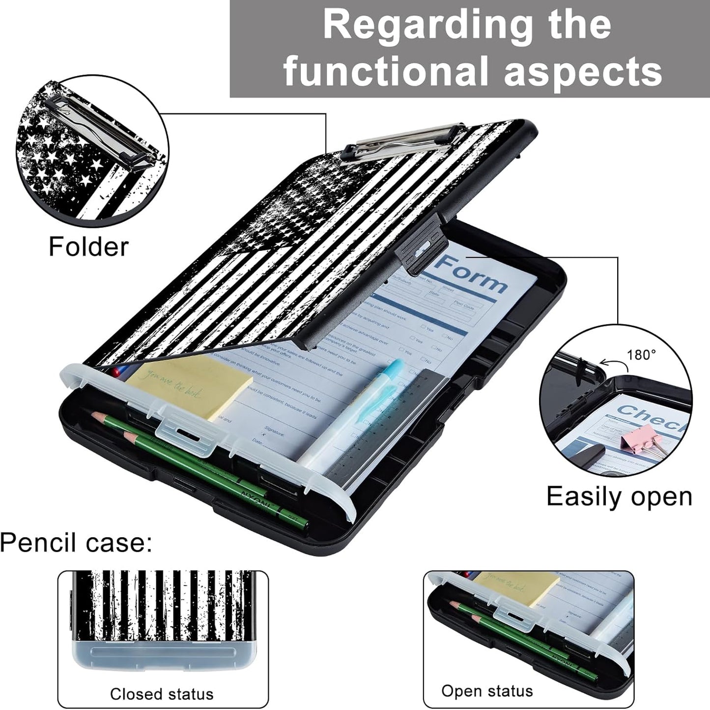 Clipboard with Storage - Large Capacity,Nursing Clipboard with Pen Holder,Heavy Duty,Plastic Side-Opening Folder for Teacher,Nurse - Black and White American Flag