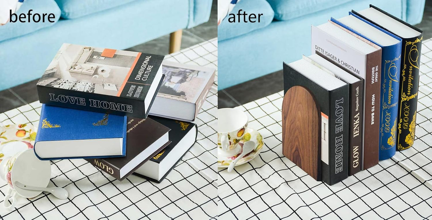 Large Bookend Hold Heavy Books- 7x4x5in 3 Pack Wood Bookends for Heavy Books Heavy Duty Walnut Book Ends for Men Wood Bookends for Office Desk Non-Skid