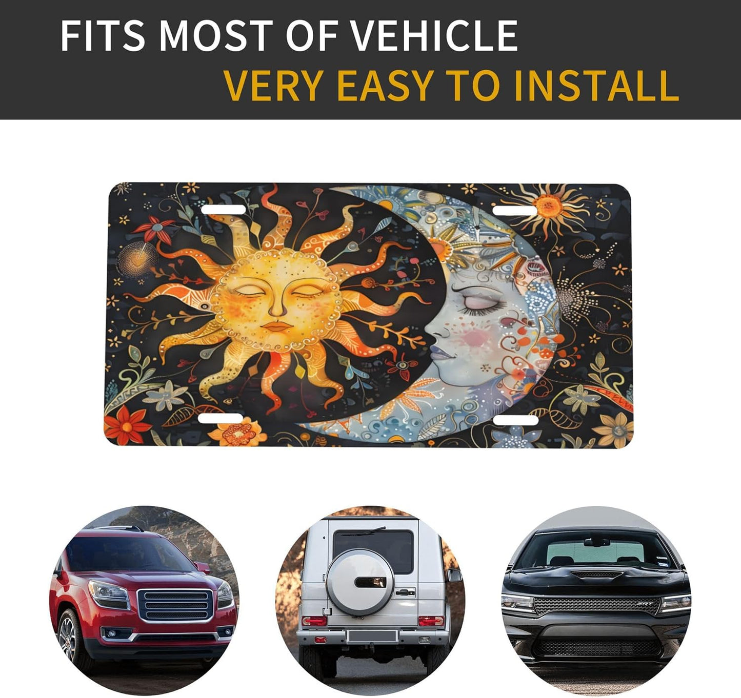 Sun Moon Abstract License Plate Funny Aluminum Front License Plates Decorative Waterproof Rust-Free Metal Car Plate Covers for Women Men Car Tag Accessories fit Truck SUV Rv 12 X 6 Inch