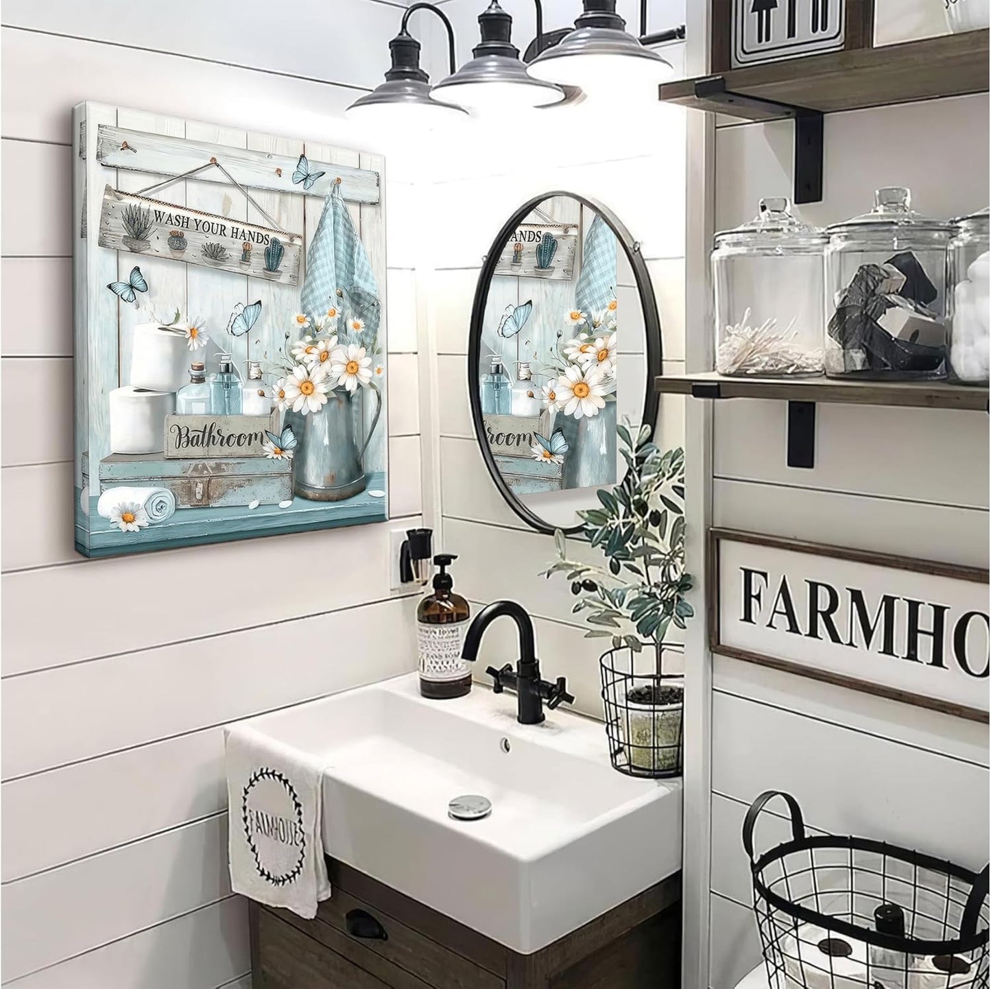 Framed Farmhouse Bathroom Canvas Wall Art Country Butterfly Daisy Wall Decor Pictures Teal Bathroom Painting Wash Your Hands Sign Poster Prints for Toilet Bathroom Home Decoration