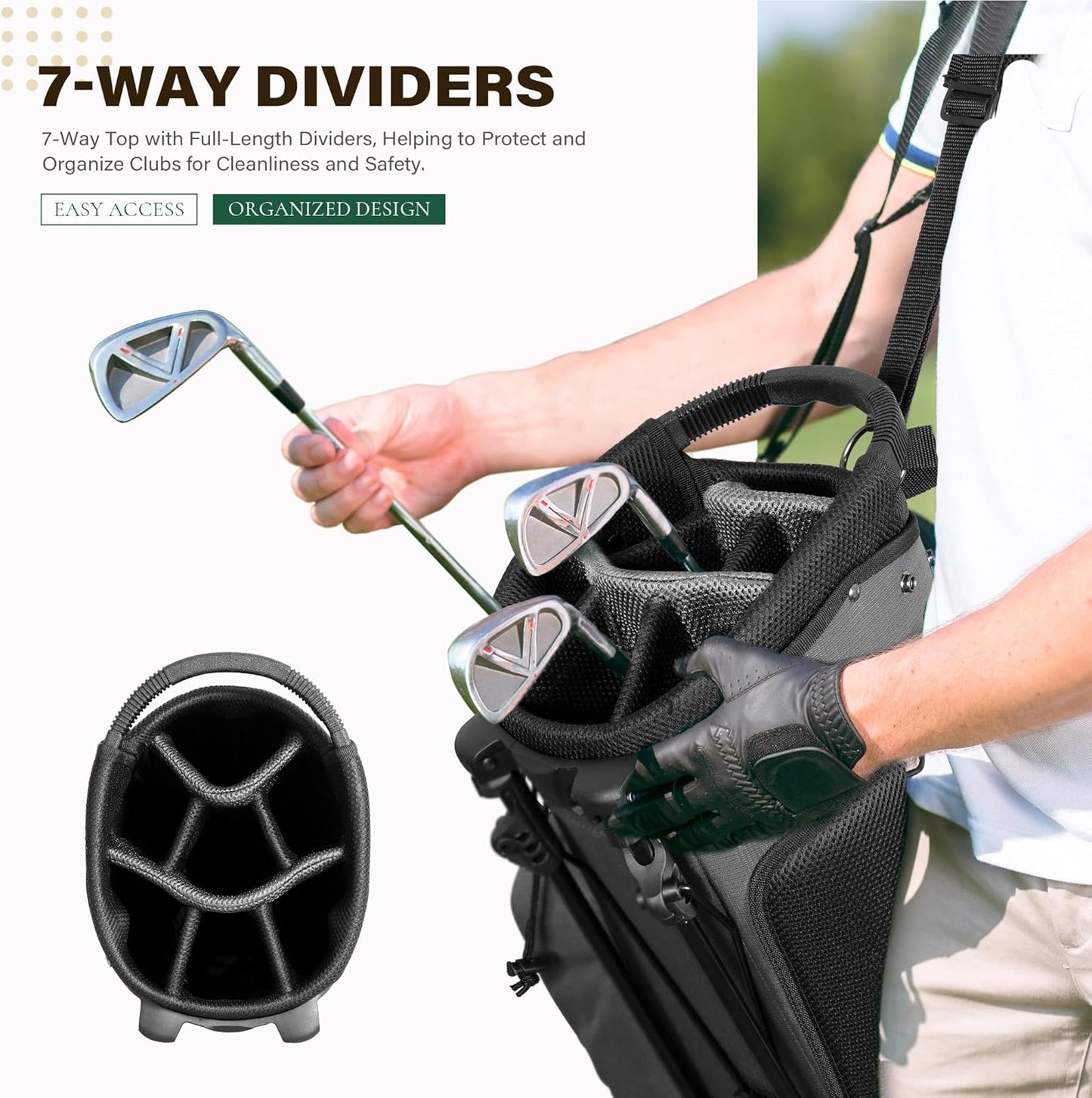 Golf Stand Bag with 7 Way Top Dividers, Lightweight Golf Bags for Men Women with Multiple Pockets, Dual Straps