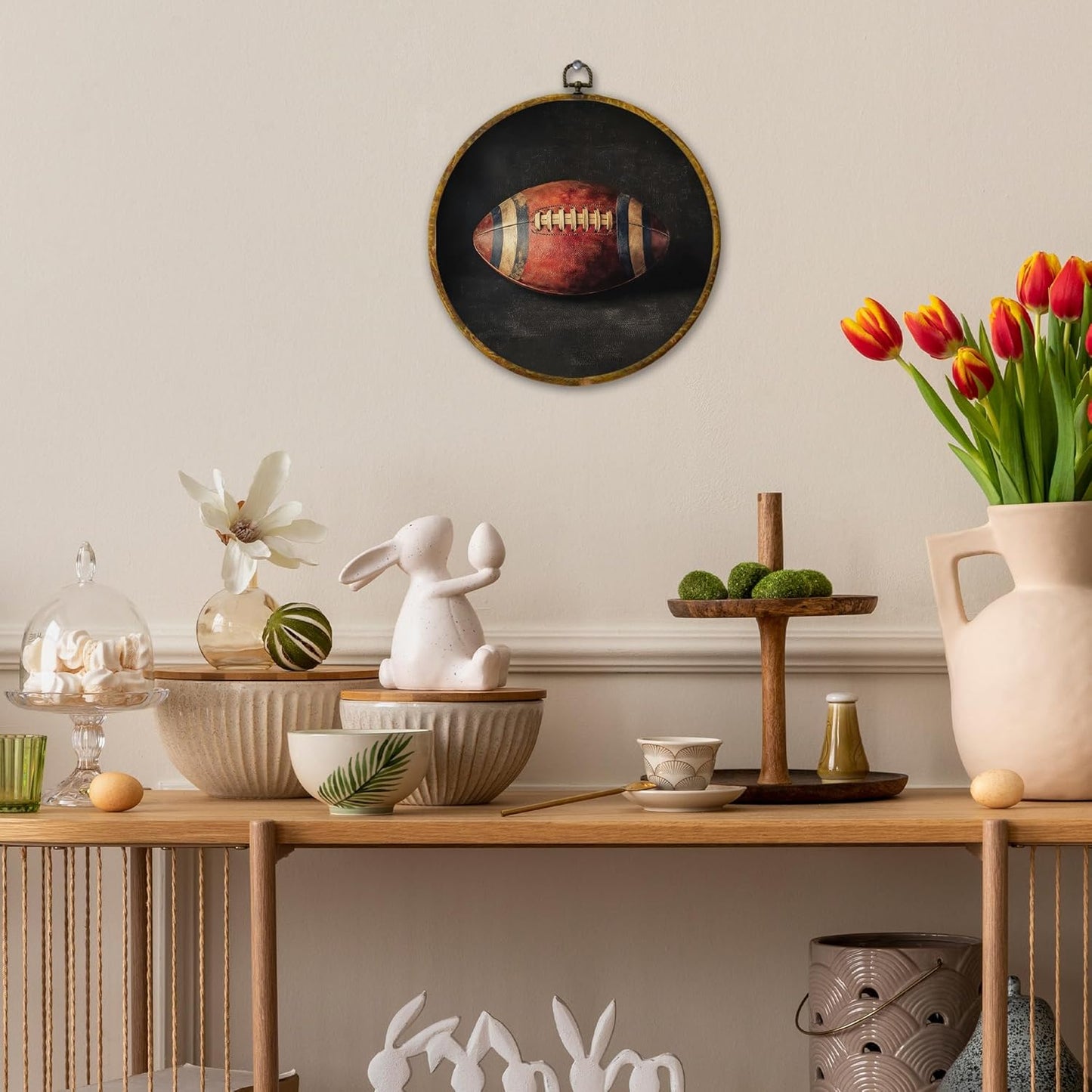 Vintage American Football Wall Art Decor, Retro Sports Framed Canvas Prints 10x10, Rustic Classic Football Round Wall Hanging Artwork Decorations for Bedroom Home Gym Sport Room