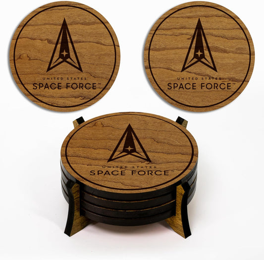 LazerEdge U.S. Space Force Wooden Coaster Set – Cherry Wood – Handcrafted Collectible 4-Pack | Made in USA | Officially Licensed Product (Space Force)