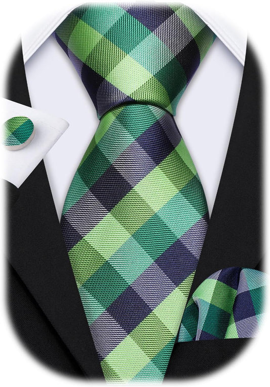 Barry.Wang Designer Classic Ties for Men Set Formal Pocket Square Cufflink Check Plaid