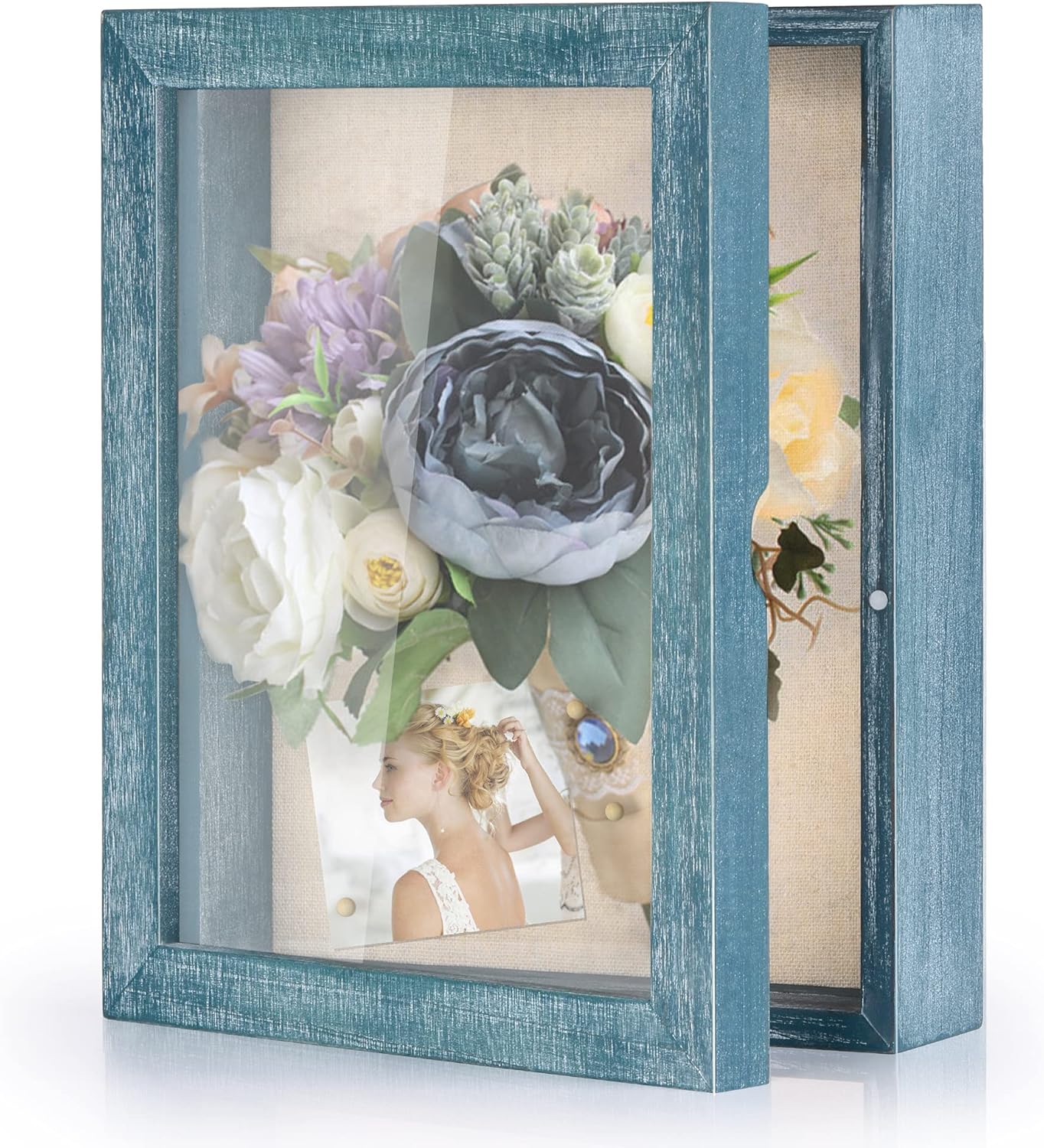 Love-KANKEI Shadow Box Frame 8x10 Shadow Box Display Case with Linen Back Memorabilia Awards Medals Photos Memory Box Gift Rustic Blue