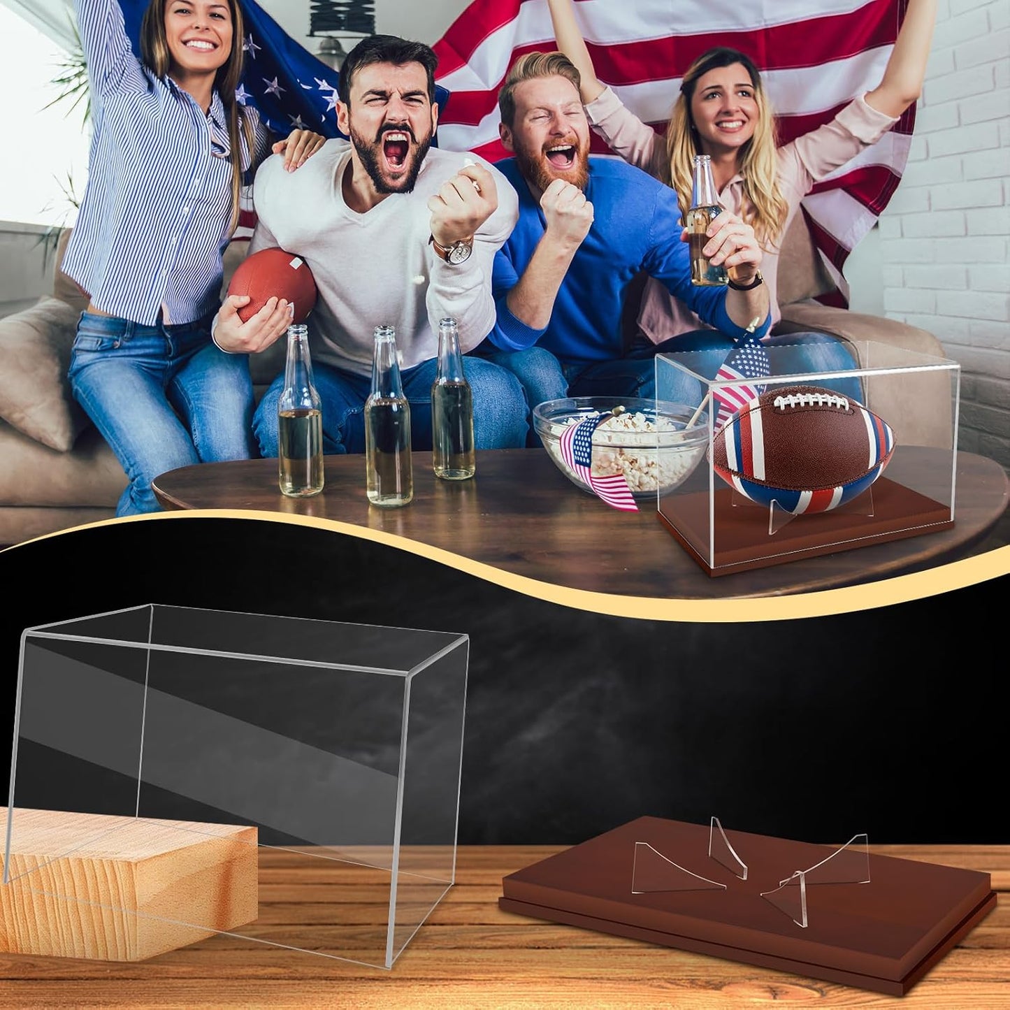Full Size Football Display Case, Acrylic Football Case Display Case Autographed Football Holder, Acrylic Transparent Box with Wooden Support and Solid Wood Base