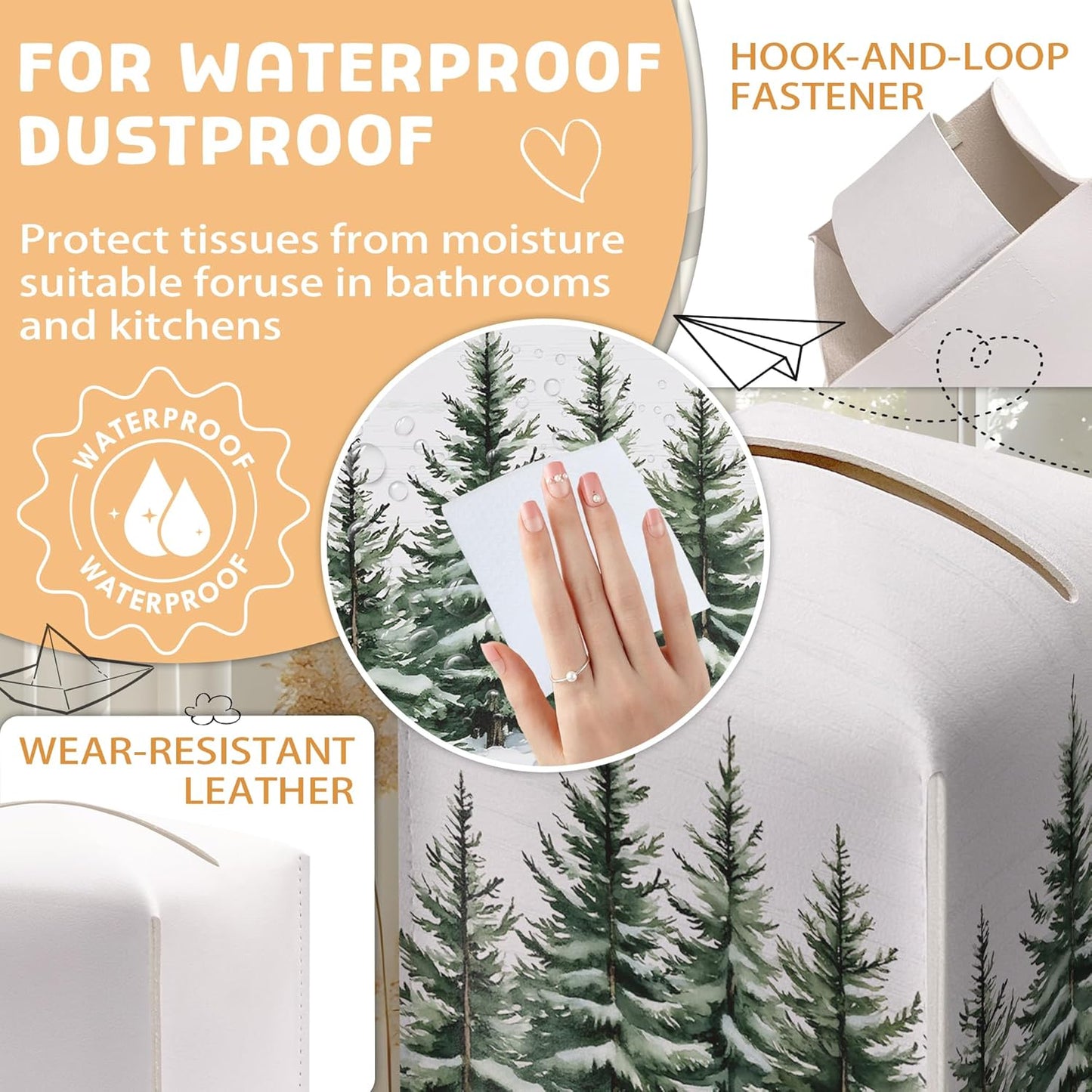 Winter Pine Tree Tissue Box Holder, Leather Tissue Box Cover Square with Bottom Belt, Paper Facial Decorative Tissues Cover for Night Stands Bathroom Kitchen Office Home Decor-B23