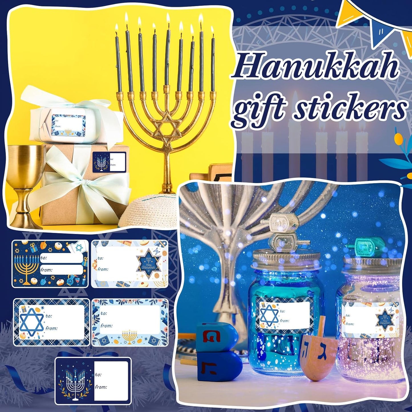 Outus 500 Pieces Christmas Tags Self Adhesive Gift Tags for Xmas Presents Christmas Name Labels Stickers for Wrapping Paper Festival Birthday Holiday Decor(Hanukkah Style,2.76 x 1.57 Inch)