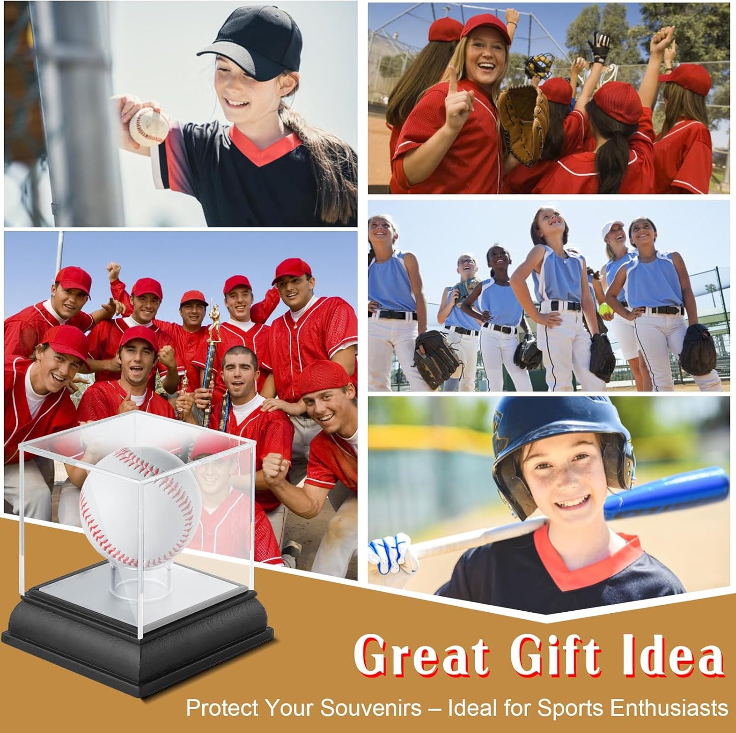 Baseball Display Case with Led Light, UV Protected Clear Acrylic Cube with Wood Base Stand, Sports Memorabilia Showcase Autograph Ball Holder for Official Size Ball Display