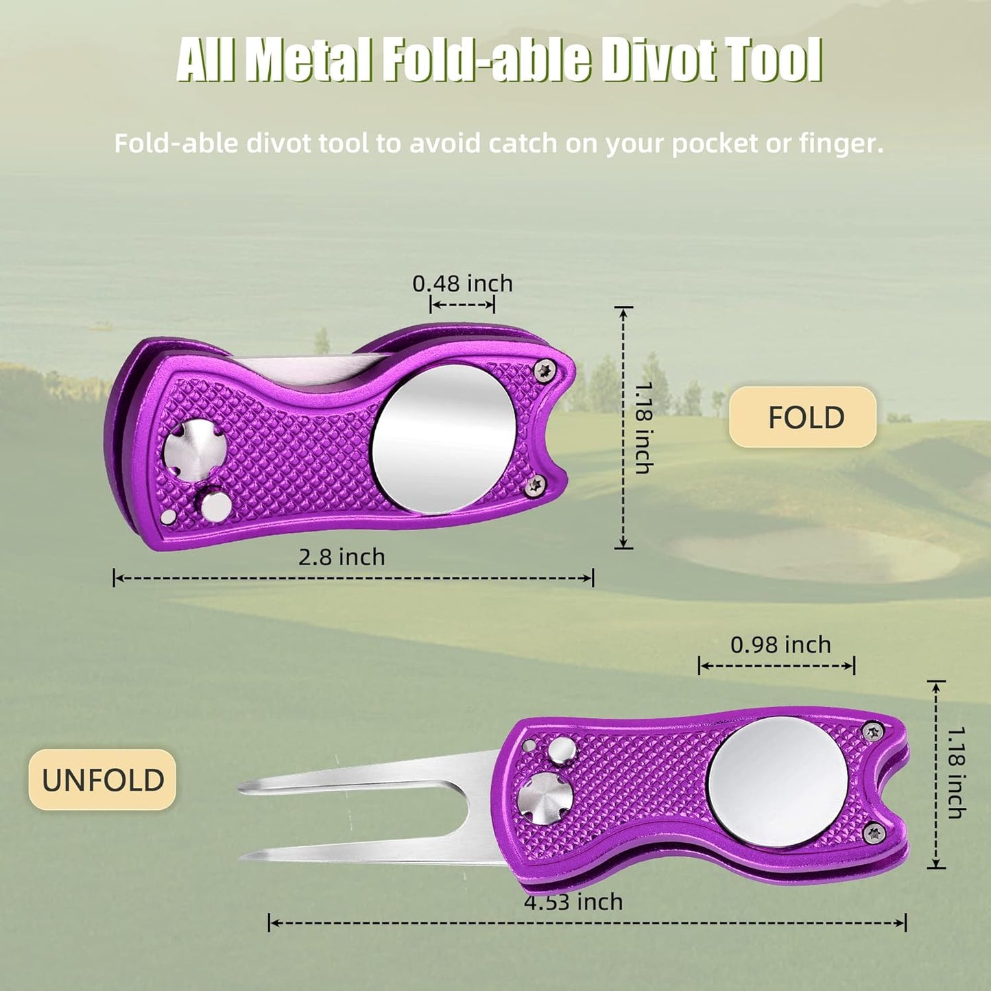 Mile High Life Golf Divot Repair Tool, All Metal Foldable Divot Tool with Pop-up Button & Magnetic Ball Marker, 2-6 Pack