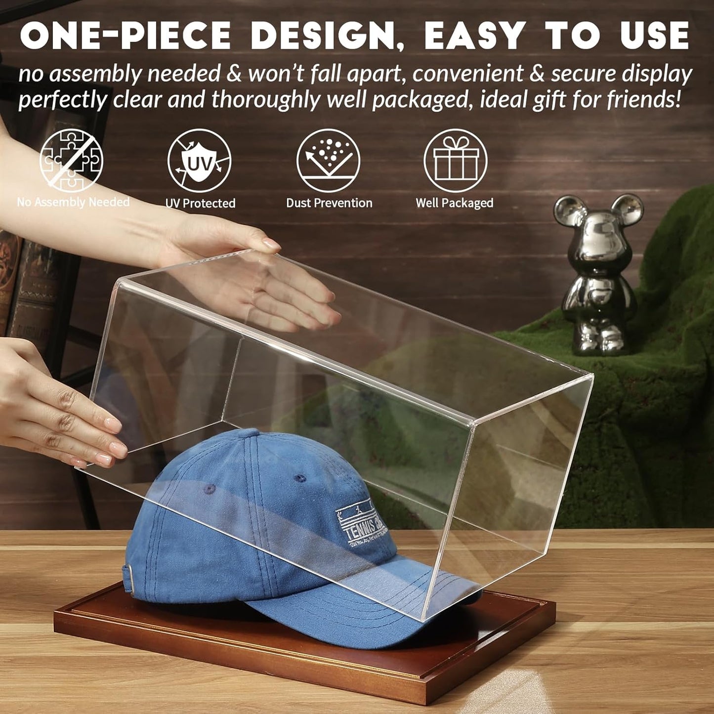 JupDec Hat Display Case, Clear Acrylic Baseball Cap Display Box Stand, UV Protection Signed Hat Transparent Showcase with Solid Wood Base Risers & Hat Shaper, Ideal Gift for Caps Collector