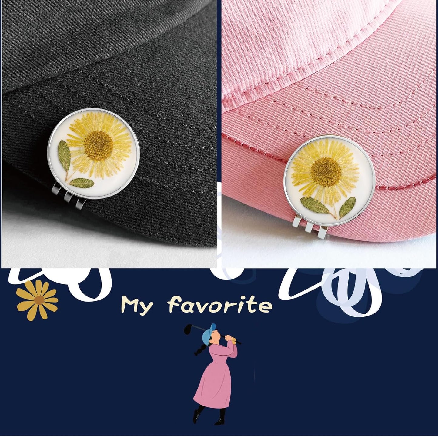 Golf Ball Marker hat Clip with Ball Marker, Handmade Pressed Flower Golf Marker, Golf Gifts, Golf Accessories for Women