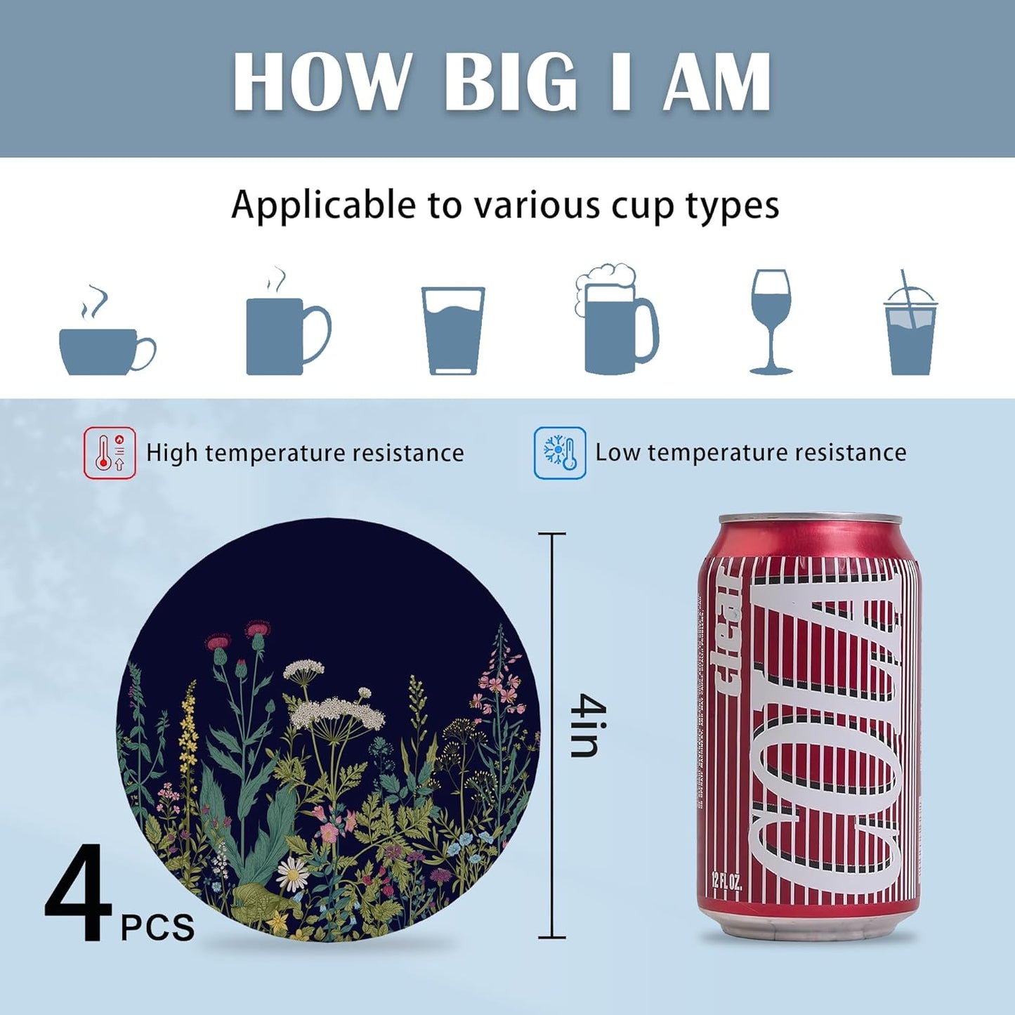 Coasters for Drinks, Set of 4 Absorbent Ceramic Coasters, Wild Flowers Herbs Botanical Design, Round Shape, Perfect for Coffee Table Protection