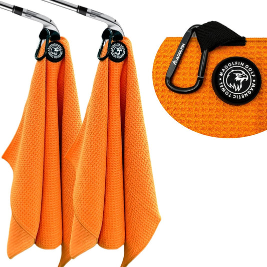 2-Pack Magnetic Golf Towel with Clip, Microfiber Waffle Design - Industrial Strength Magnet for Strong Hold to Golf Bags, Carts & Clubs - Orange