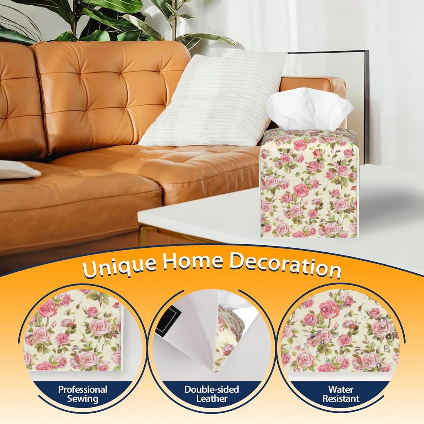 Tissue Box Cover Square,Watercolor Pink Roses Tissue Box Holder Waterproof Leather Facial Paper Case Modern Home Decoration for Bedroom Dresser Night Stand Office Desk