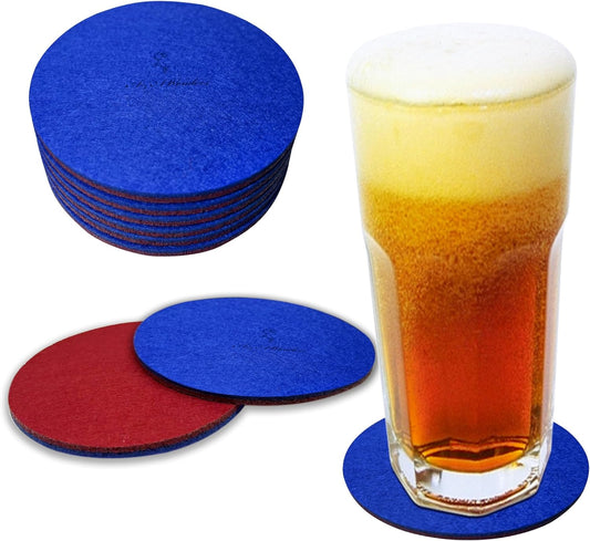 A&A Wonders Premium Felt Coasters for Drink, Two-Tone Reversible, Absorbent Felt Protects Furniture, Table, Anti Slip, Suitable for Drinks & All Table Types (Wine Red/Royal Blue, Circle 6 Pack)