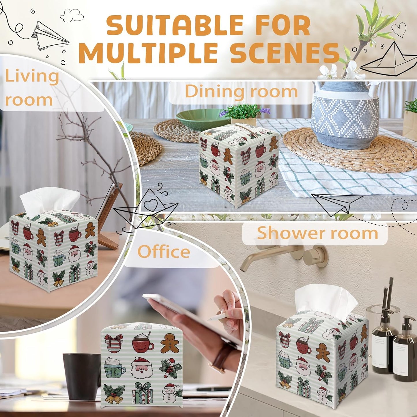 Merry Christmas Tissue Box Holder, Cute Santa Bow Leather Tissue Box Cover Square, Paper Facial Decorative Tissues Cover for Night Stands Bathroom Kitchen Office Home Decor-B30