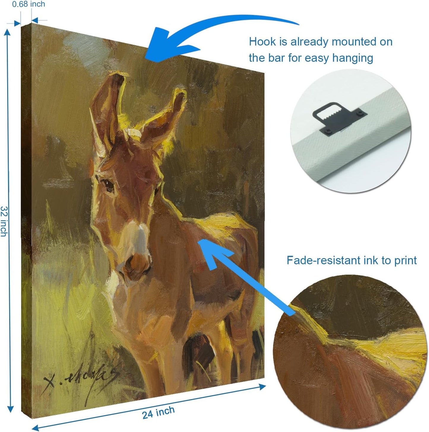 JZLDZS Large Donkey Wall Art for Living Room - Framed Rustic Farm Animal Canvas Print 24x32 Inch Ready To Hang Bedroom Wall Decor