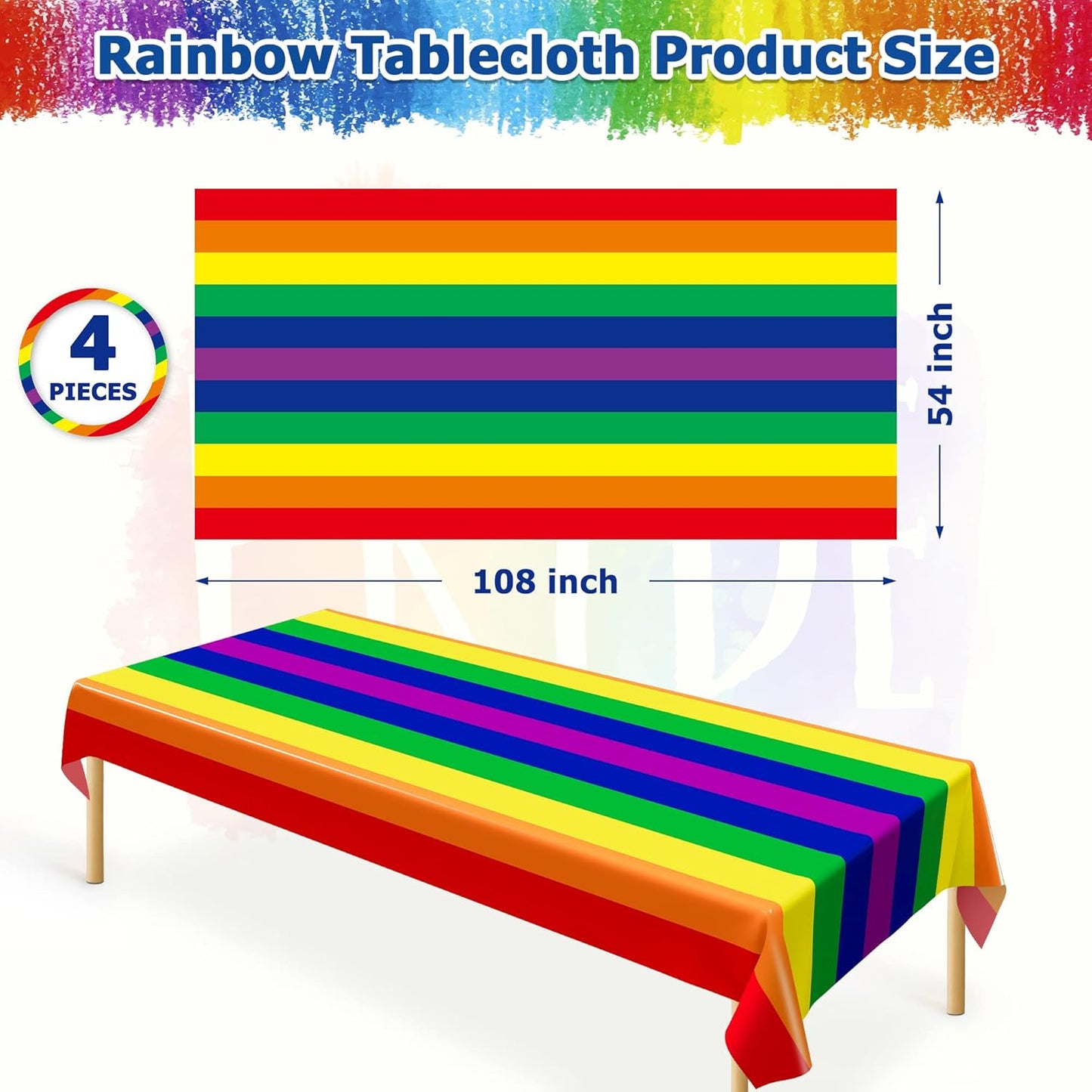 4 PCS Pride Decorations, 108 x 54 Inches Disposable Pride Tablecloth, Plastic Rectangle Rainbow Table Covers Pride Stuff, Gay Pride Month Accessories for Rainbow Theme LGBTQ Community Party Decor