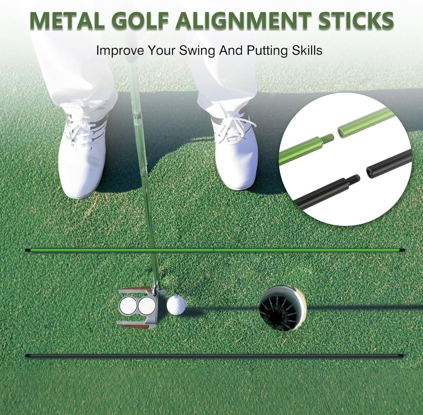 Golf Alignment Stick Holder, Golf Training Aid Teaching Equipment for Aiming, for Putting, Aiming, Full Swing Trainer, Posture Corrector, Golf Swing Trainer with Metal Sticks