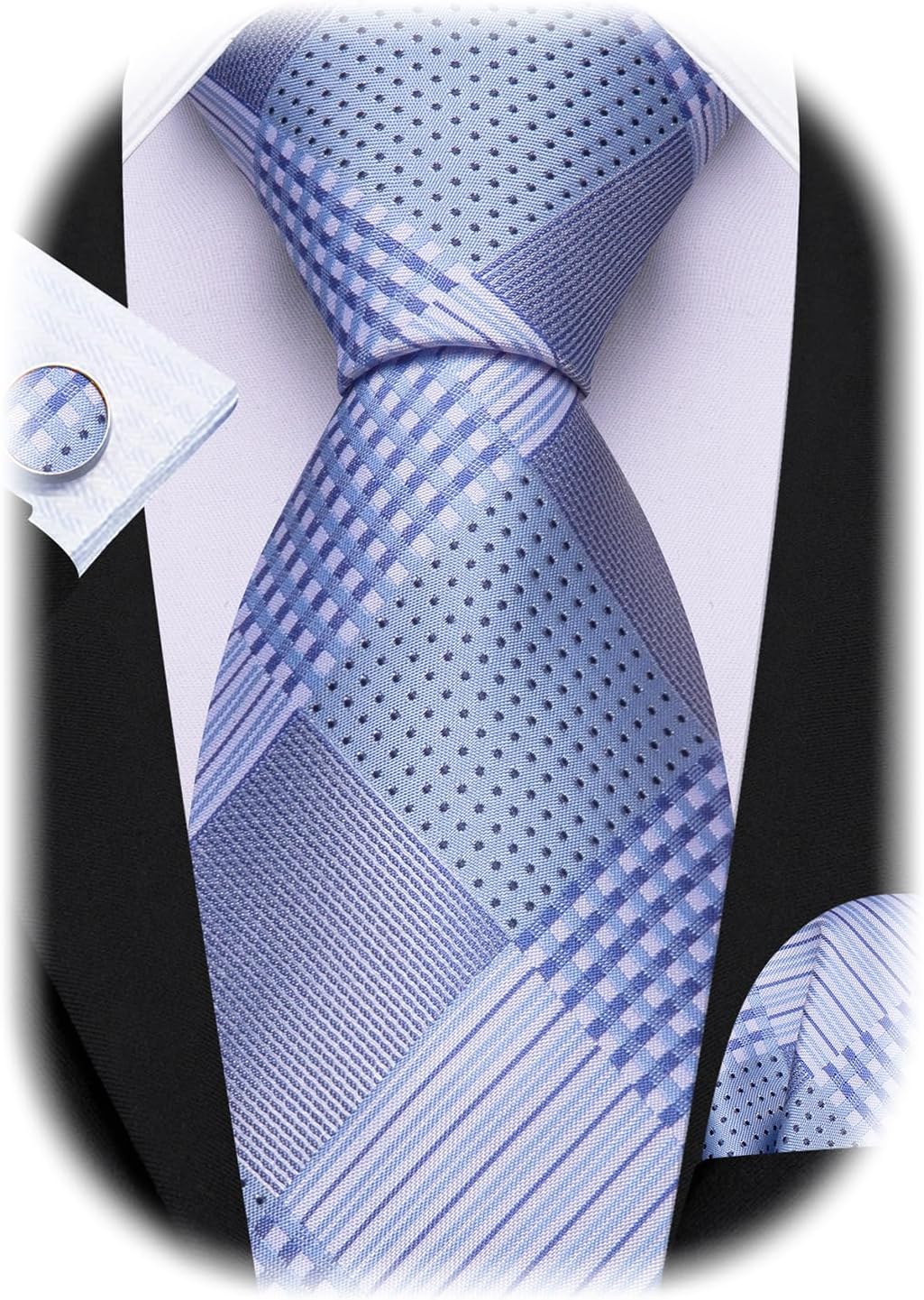 Barry.Wang Designer Classic Ties for Men Set Formal Pocket Square Cufflink Check Plaid