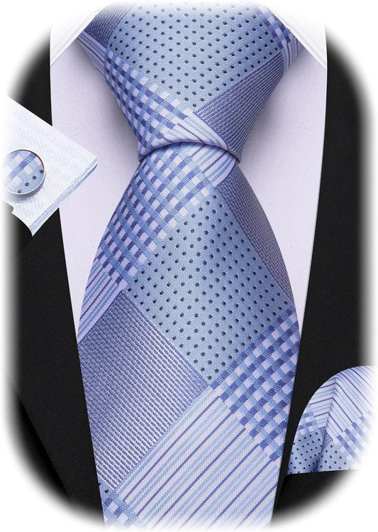 Barry.Wang Designer Classic Ties for Men Set Formal Pocket Square Cufflink Check Plaid