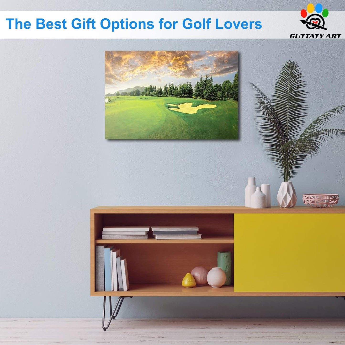 Golf Canvas Wall Art, Green Golf Course Wall Art Painting Prints for Living Room Wall Decor, Sunset Golf Sport Poster Picture for Bedroom Decor, Framed Artwork for Office Home Decoration 24x36 Inches