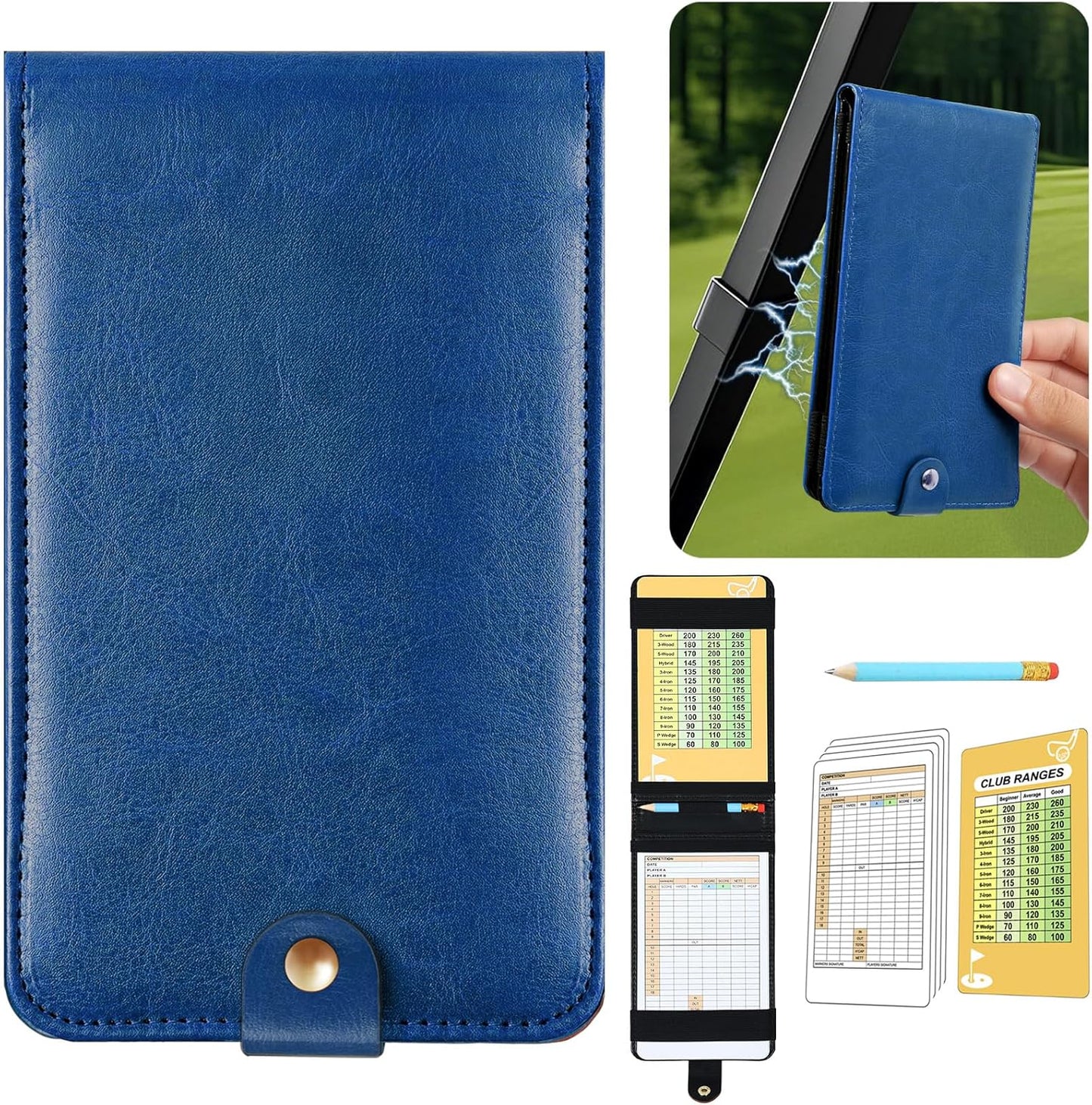 All-in-One Magnetic Golf Scorecard Holder Yardage Book Cover, Premium Leather Scorecard Holder, Universal Fit for Scorecards, Sleek Design for Back Pocket Convenience Blue